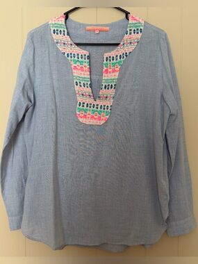 VILAGALLO Blue Tunic with Pink Embroidered Neckline, Size L